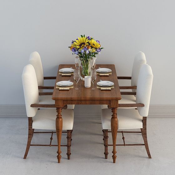 Classic dark wood dining table with four white chairs and flowers on grey background