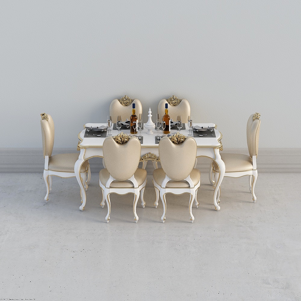 Classic white dining table with six cream chairs and gold details on grey background