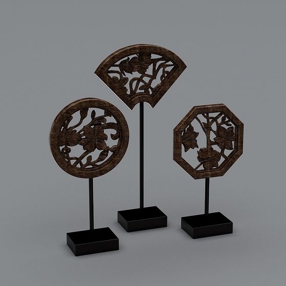 Elegant Oriental-Inspired Wooden Carvings 3D model