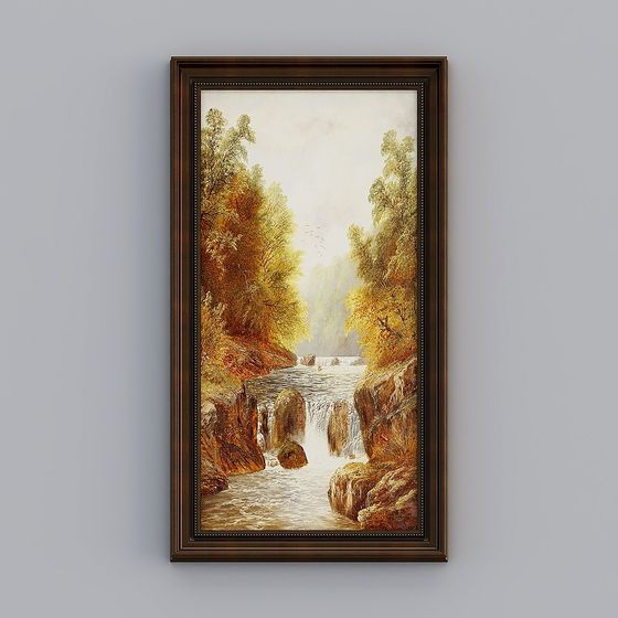 Vertical framed wall art with river waterfall scene on grey background