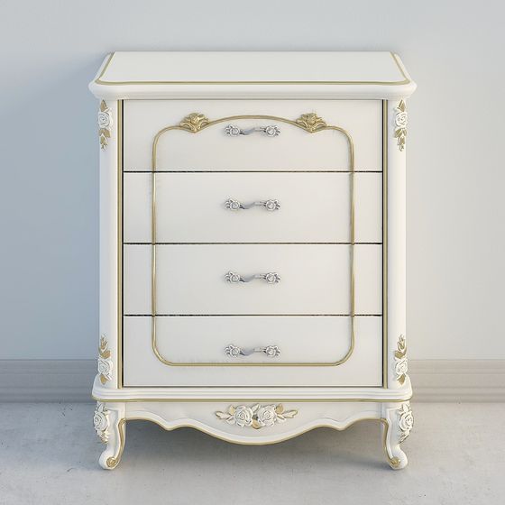 Classic white wooden chest of drawers with gold trim and silver handles on grey background