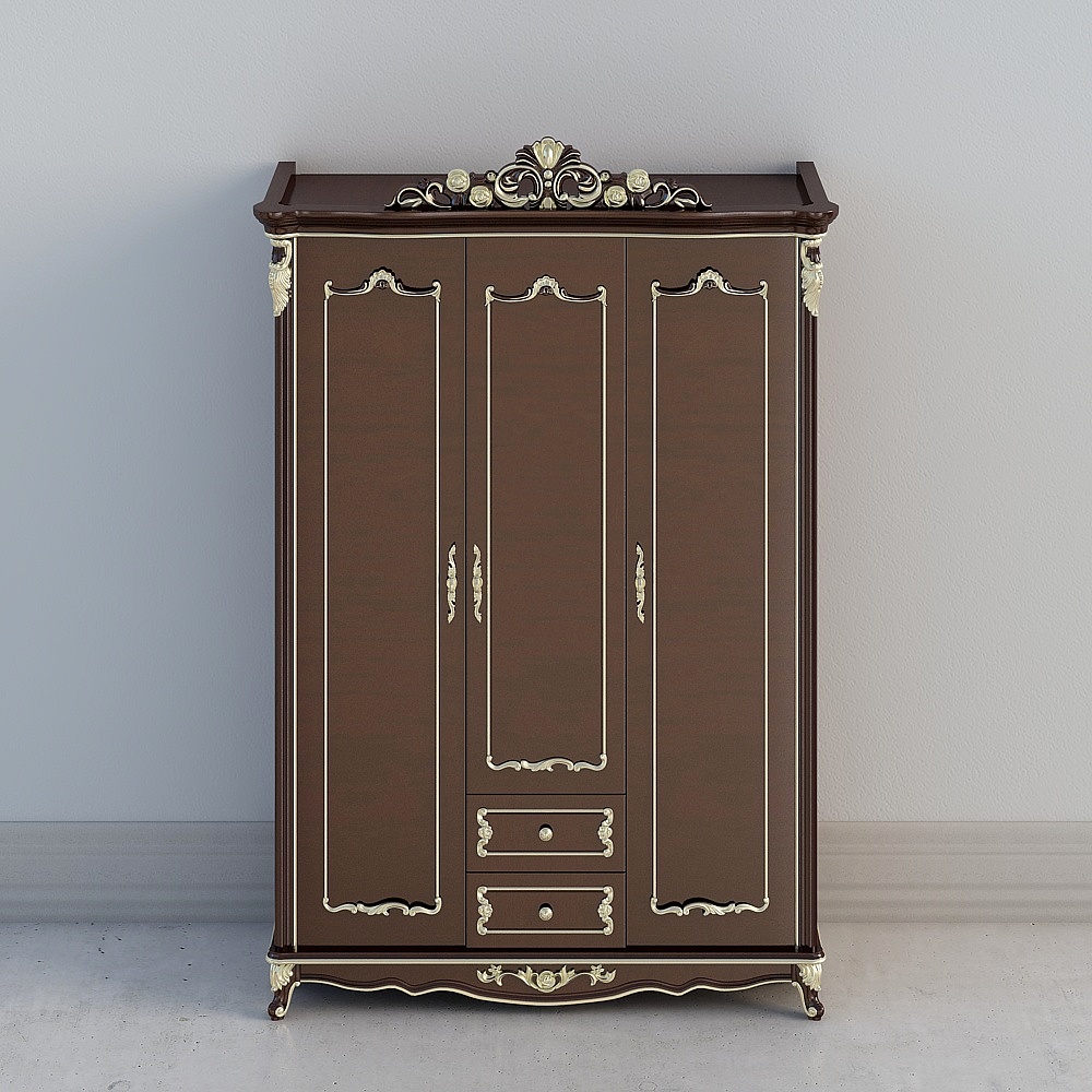 Classic dark brown wooden wardrobe with gold trim and two drawers on grey background