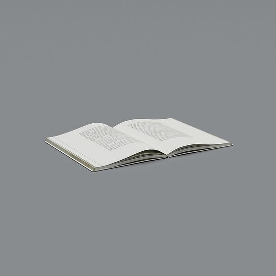 Open book with white pages and printed text on grey background