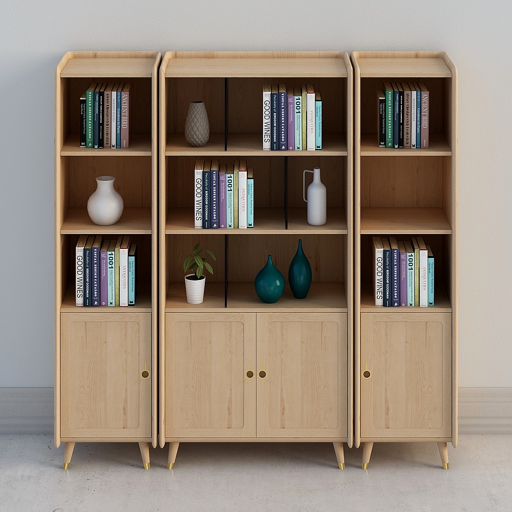 Light wood bookcase with open shelves and cabinets holding books vases plants on white background