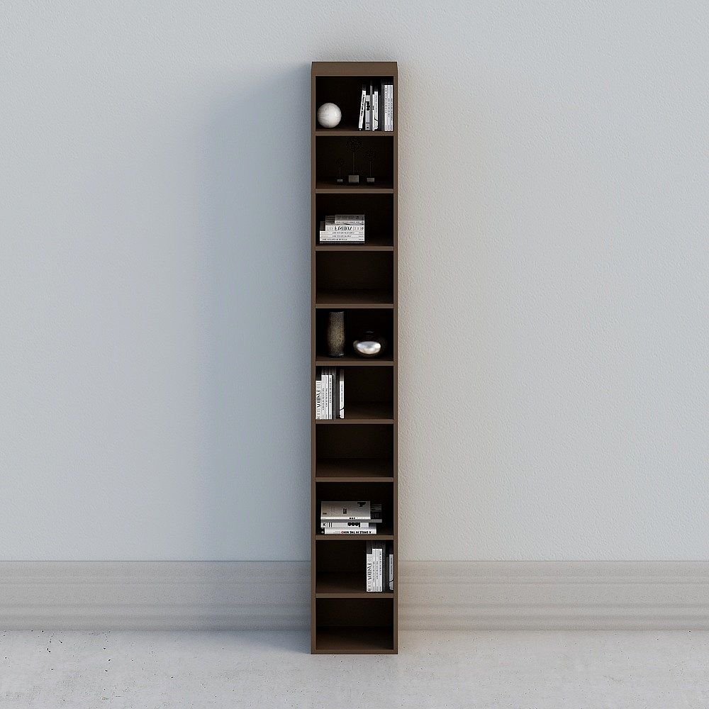 Tall dark brown wooden bookcase with multiple shelves and books on white background