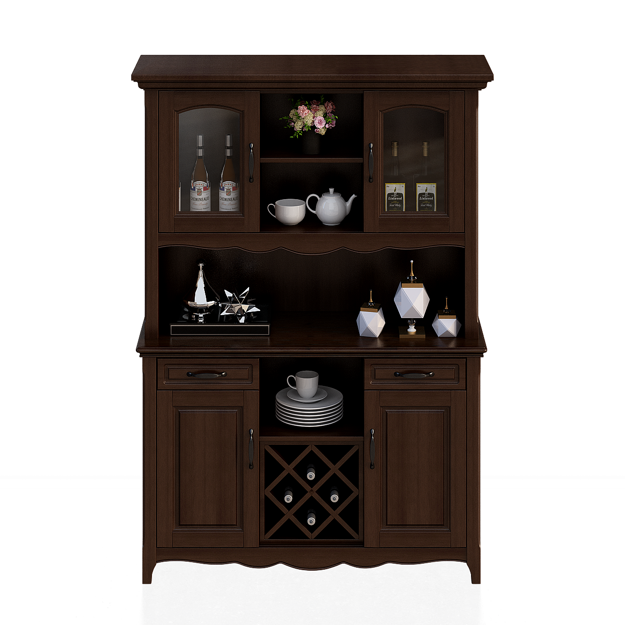 Vintage Wine Cabinet 3D Model – Mahogany & Glass
