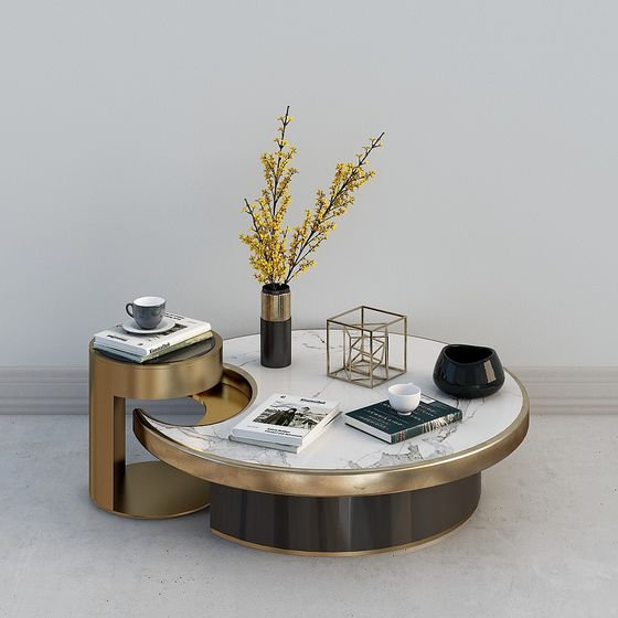 Elegant Marble Round Table with Gold Accent Side Table 3D model