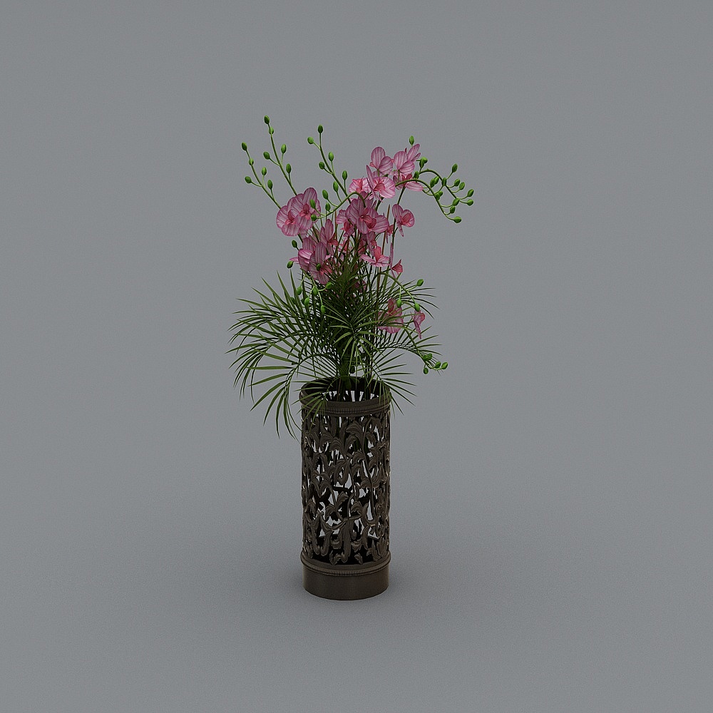 Green flower black vase