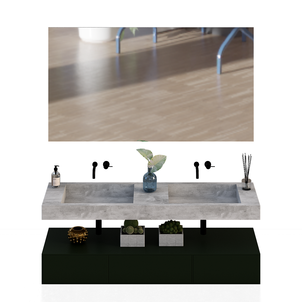 Modern Minimalist Bathroom Vanity 3D Model – Concrete & Metal