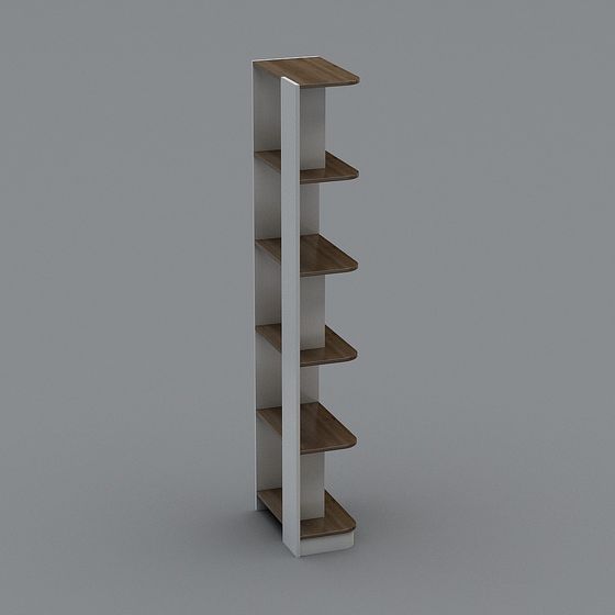 Modern tall white bookcase with brown wooden shelves on grey background