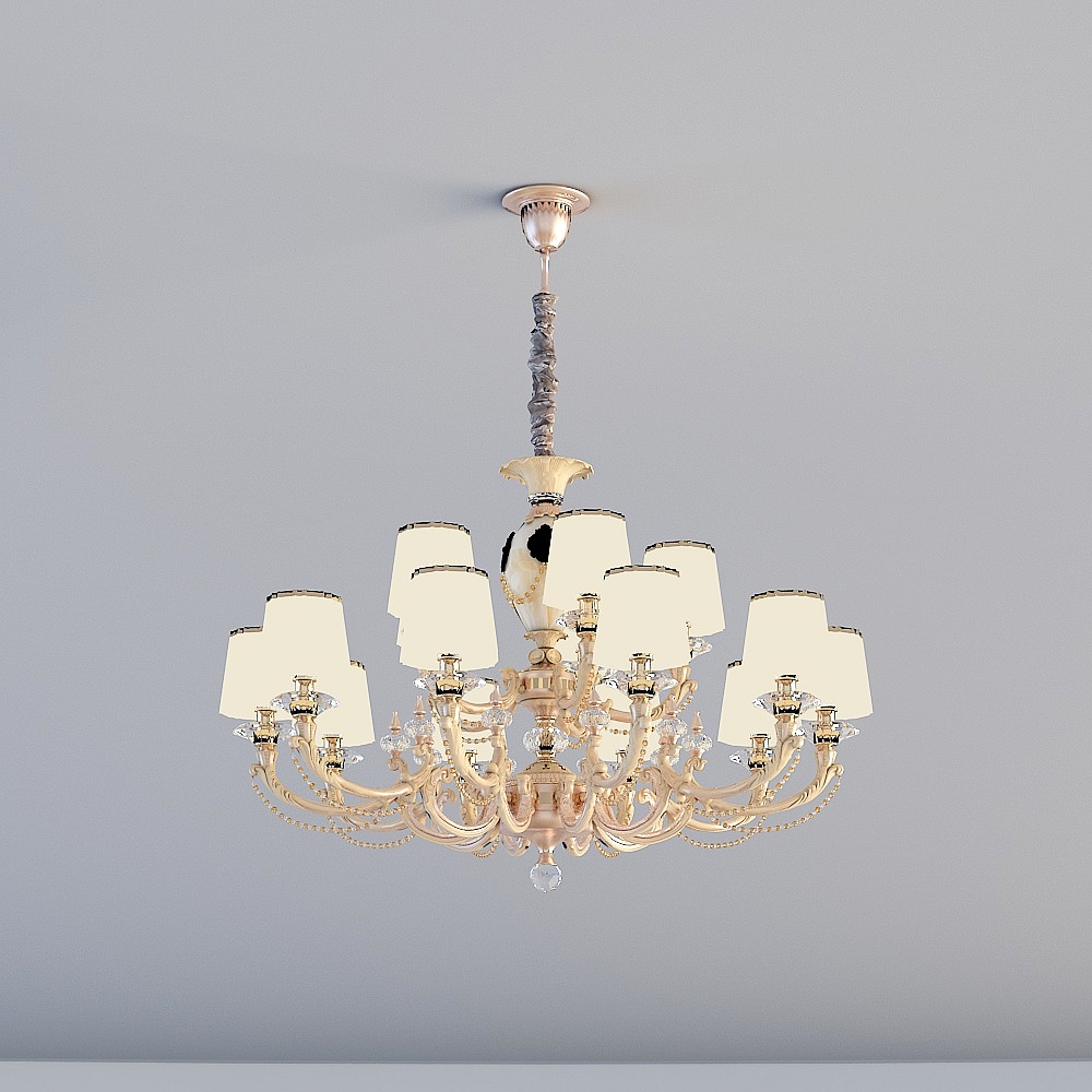 Classic cream ceiling light with fabric shades and crystal details on grey background
