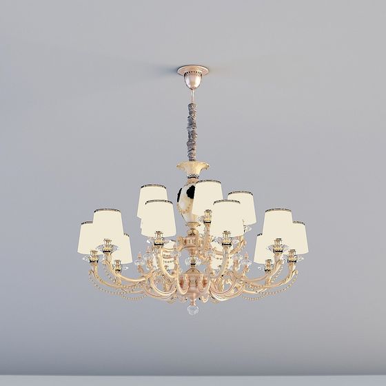 Classic cream ceiling light with fabric shades and crystal details on grey background