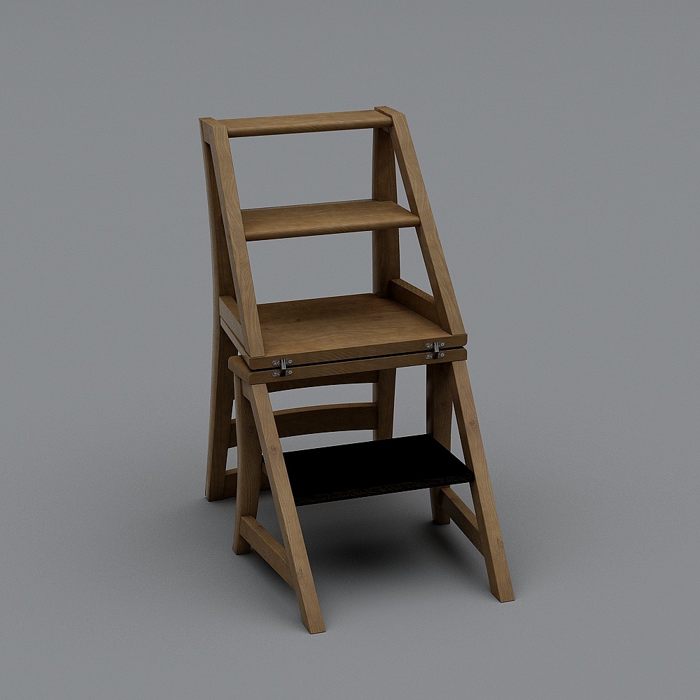 Light brown wooden folding step ladder chair with black step on grey background