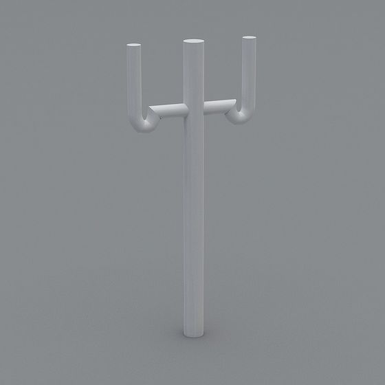 Modern white metal coat rack with three curved hooks on grey background