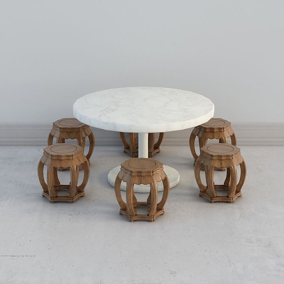Elegant Marble Round Table with Wooden Stool Set 3D model