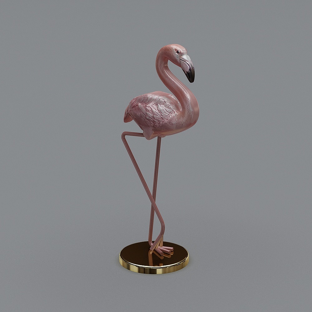 Pink flamingo figurine with black beak and gold base on grey background