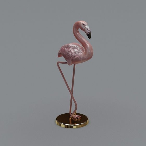 Pink flamingo figurine with black beak and gold base on grey background