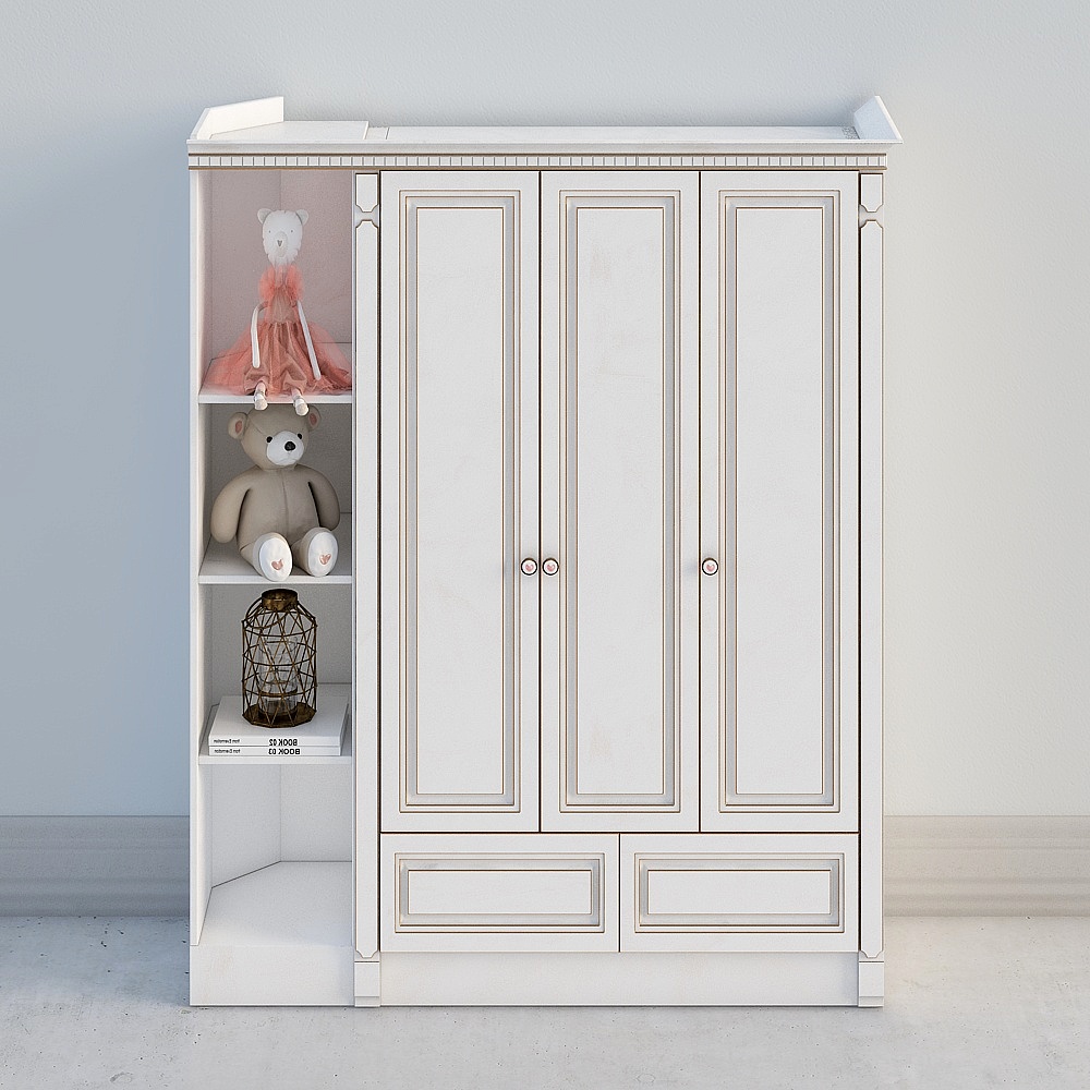 White classic wardrobe with three doors and open shelf holding toys on grey background