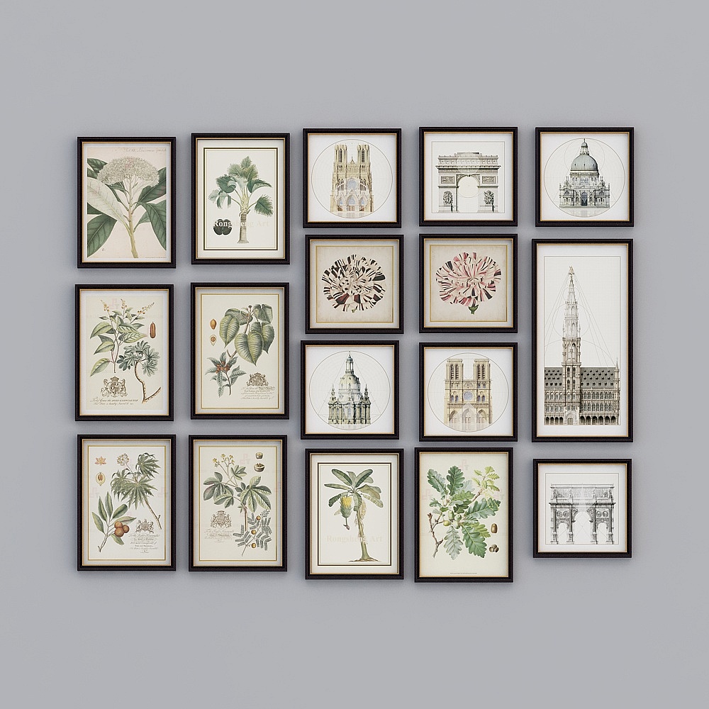 Gallery wall with black frames featuring botanical and architectural prints on grey background