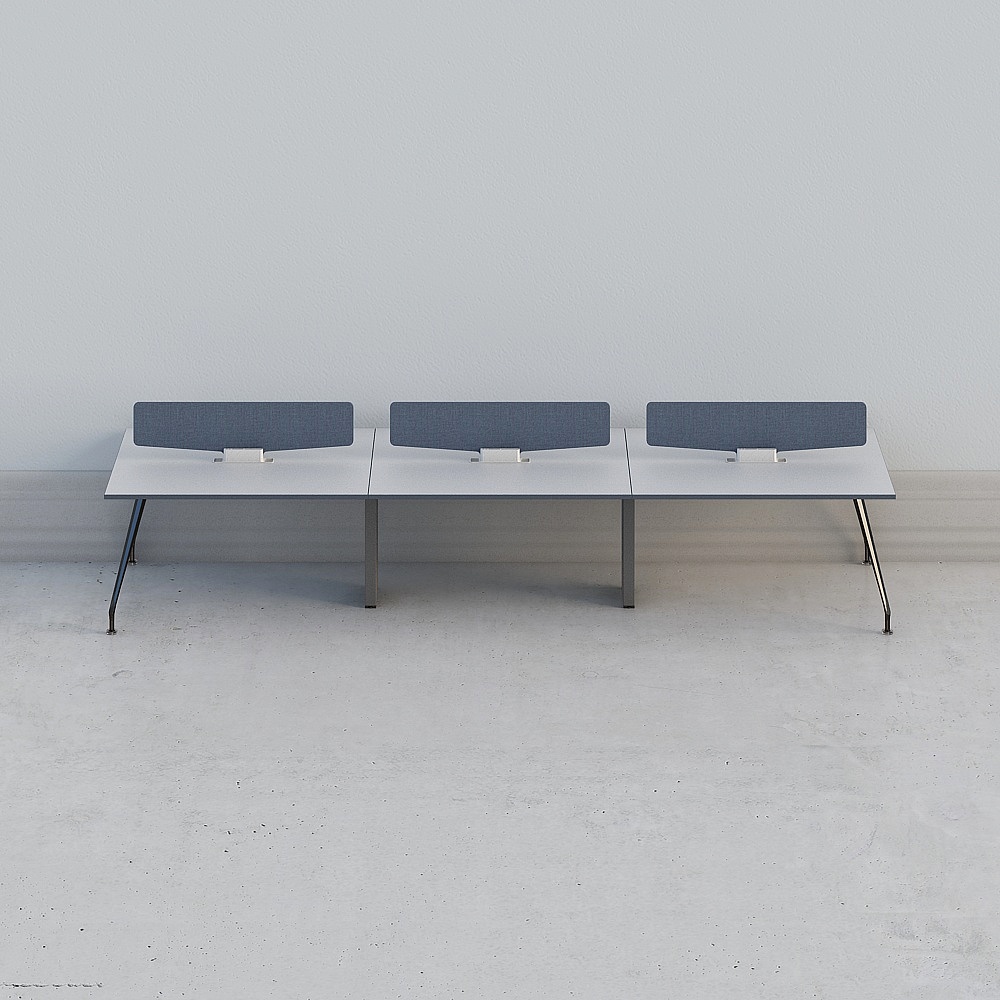 Modern white office desk with blue fabric dividers and metal legs on grey background