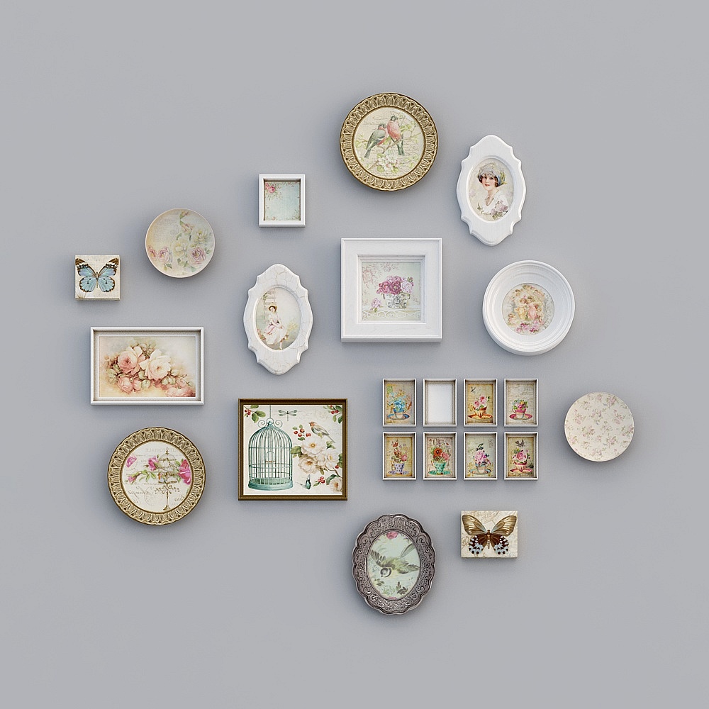 Vintage gallery wall set with floral frames and plates on grey background