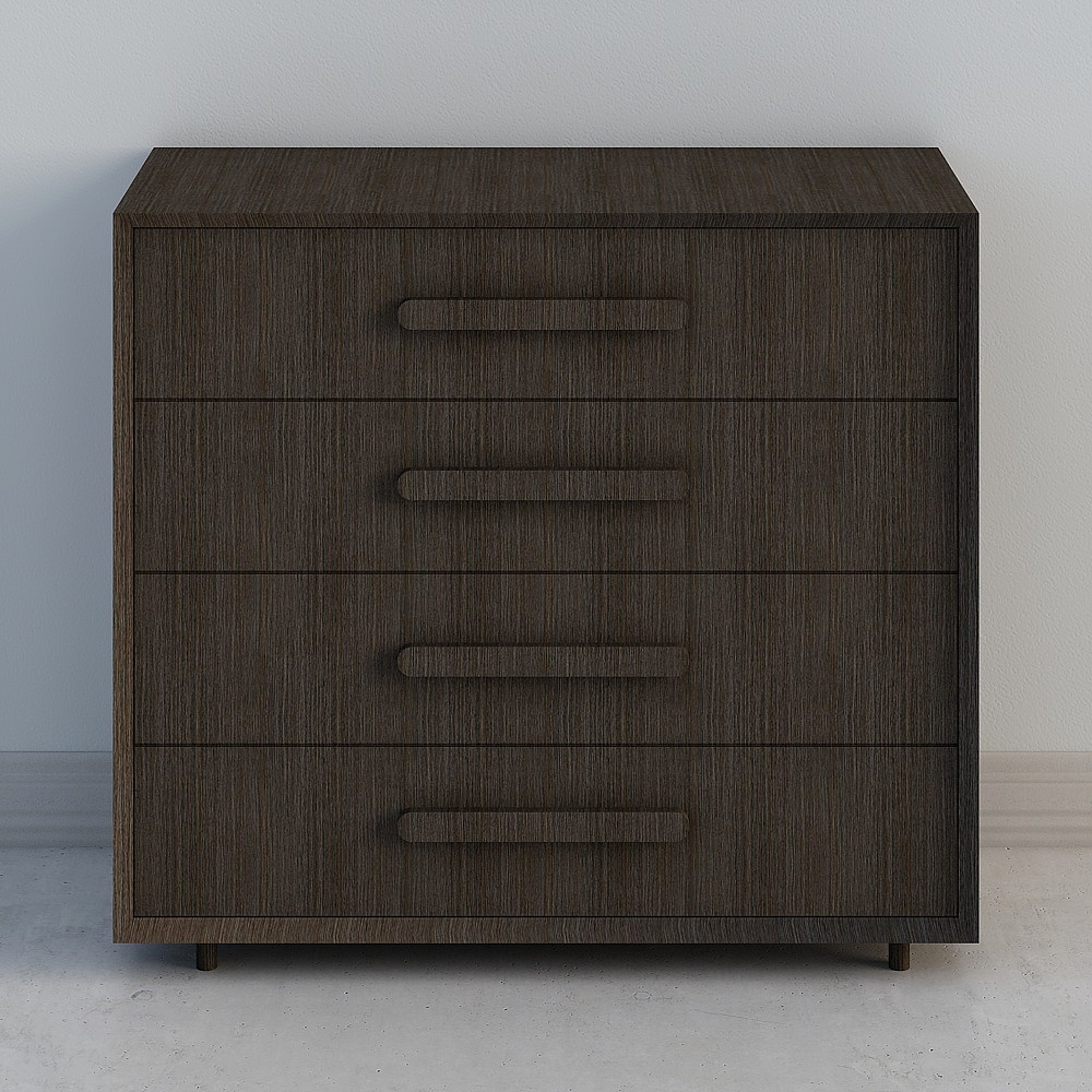 Modern dark brown wooden cabinet with four drawers and simple handles on white background