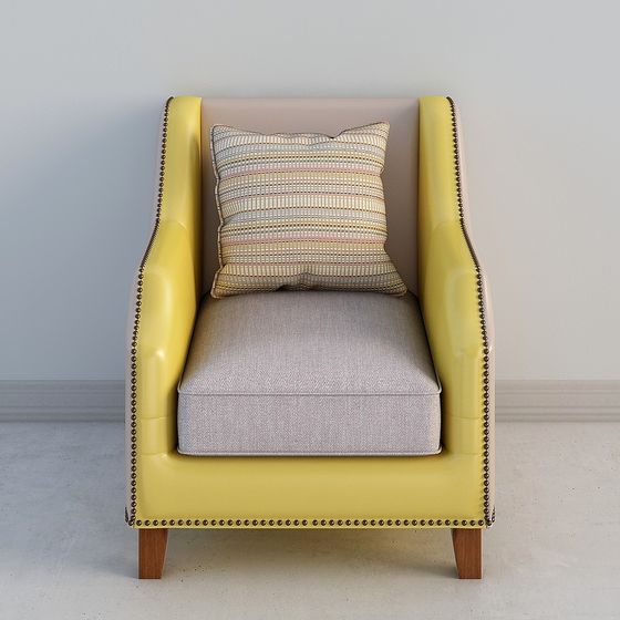 Vintage Yellow Armchair 3D model with Leather Upholstery