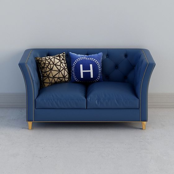 Elegant Low Polygon Blue Leather Sofa 3D Model