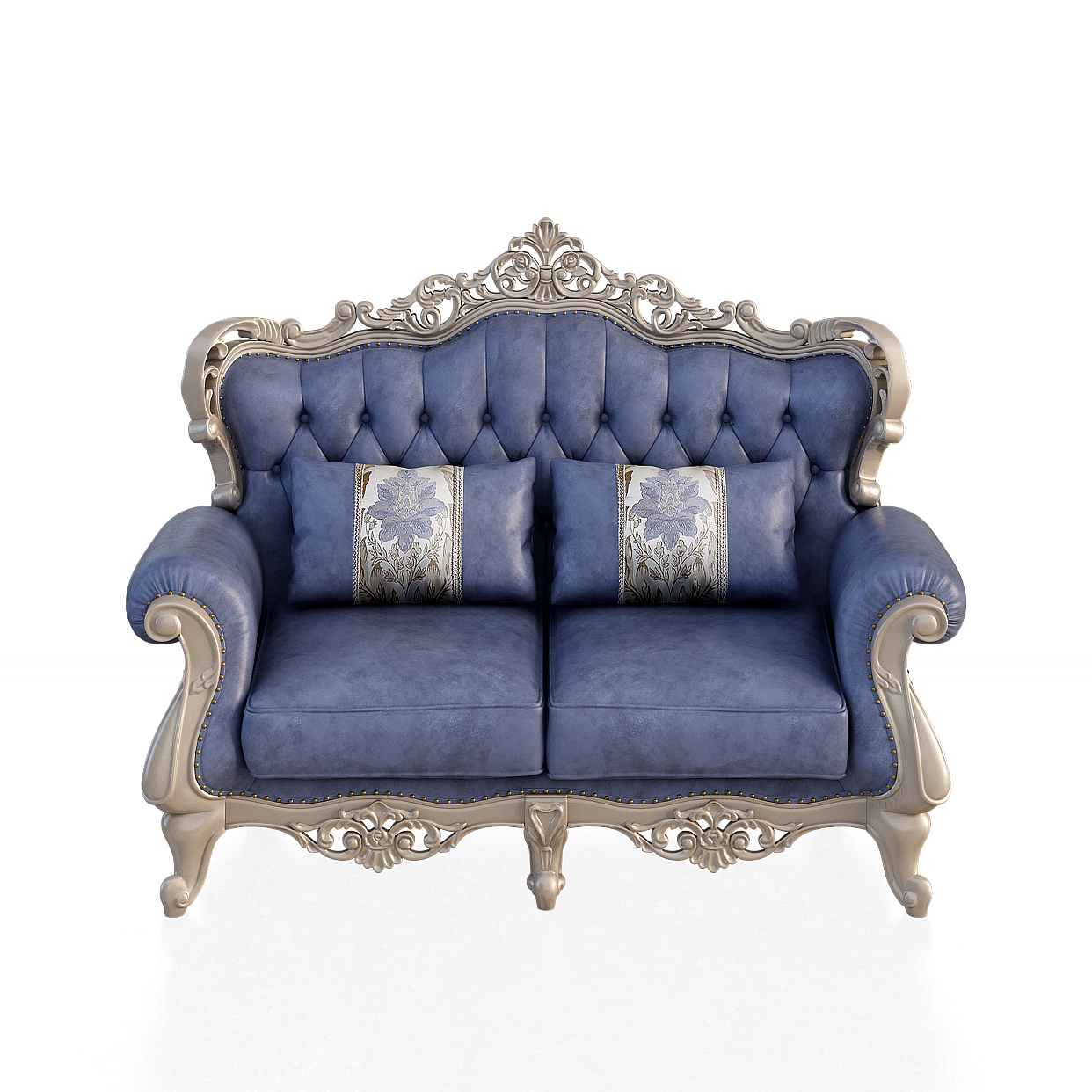 Vintage Blue Double Seat Sofa 3D Model – Retro Upholstered Design