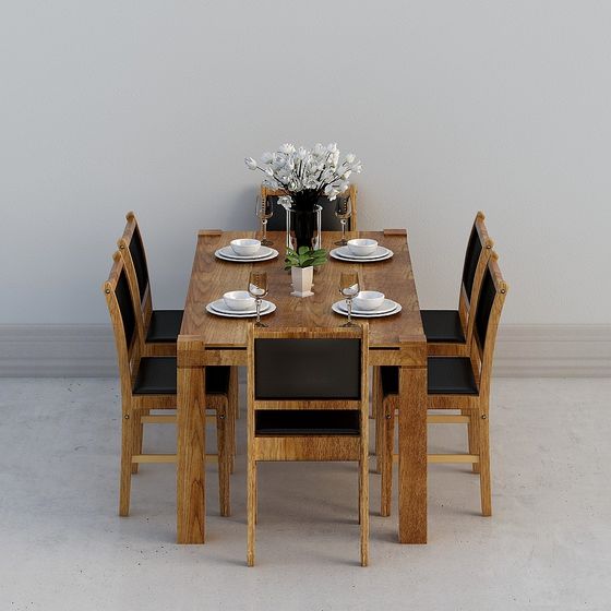 Wooden Dining Table and Chairs Set 3D model
