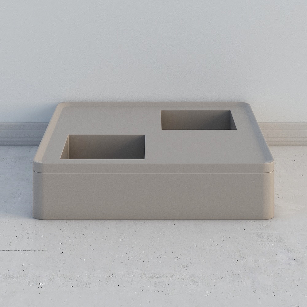 The square coffee table has a pit