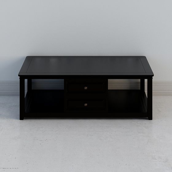 Black wooden coffee table with two drawers and open shelves on grey background