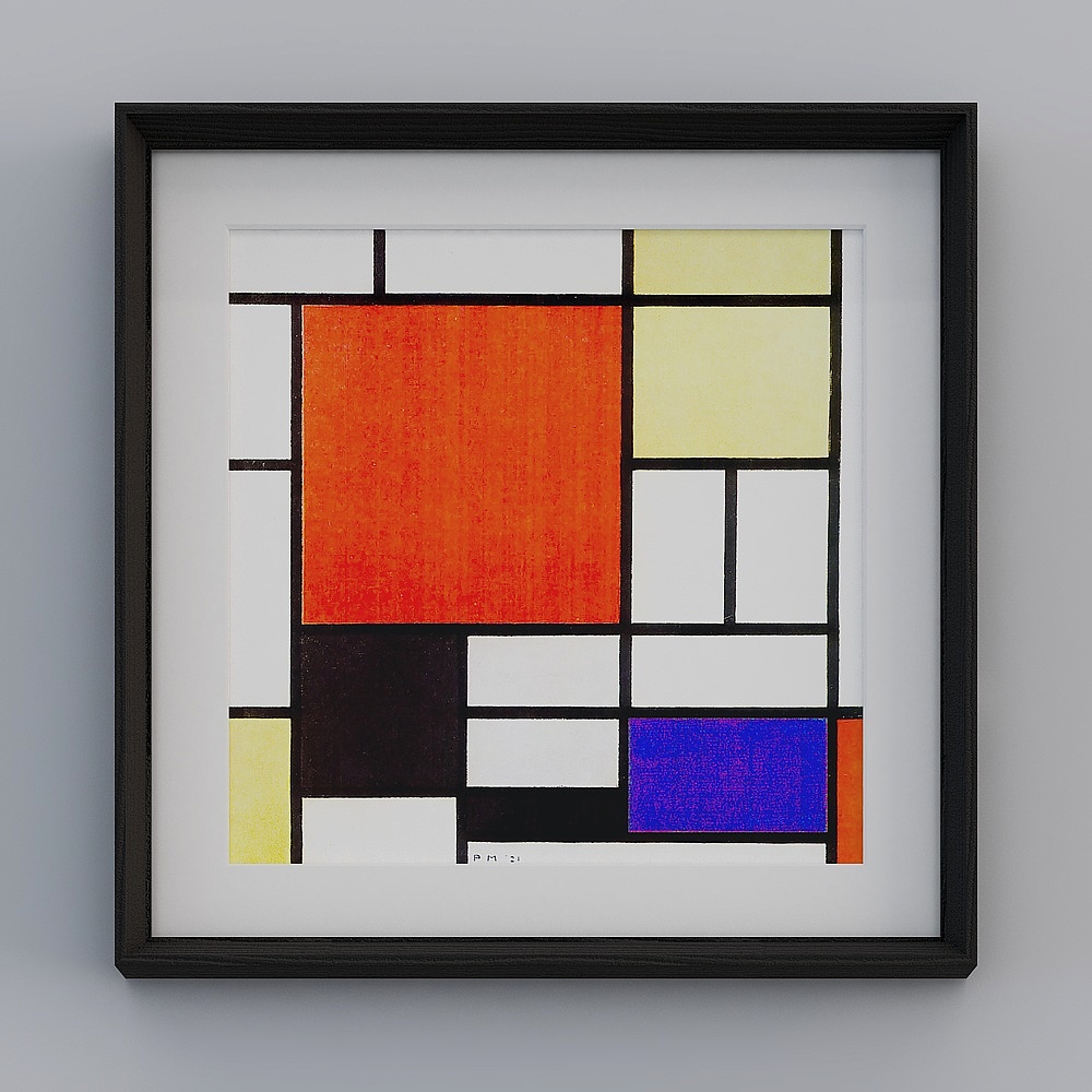 Kibaki 현대 단면 블랙 솔리드 우드 프레임 몬드리안 클래식 빨강, 노랑 및 파랑 47x47cm 추상화