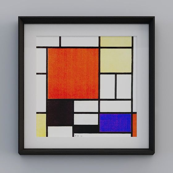 Kibaki 현대 단면 블랙 솔리드 우드 프레임 몬드리안 클래식 빨강, 노랑 및 파랑 47x47cm 추상화