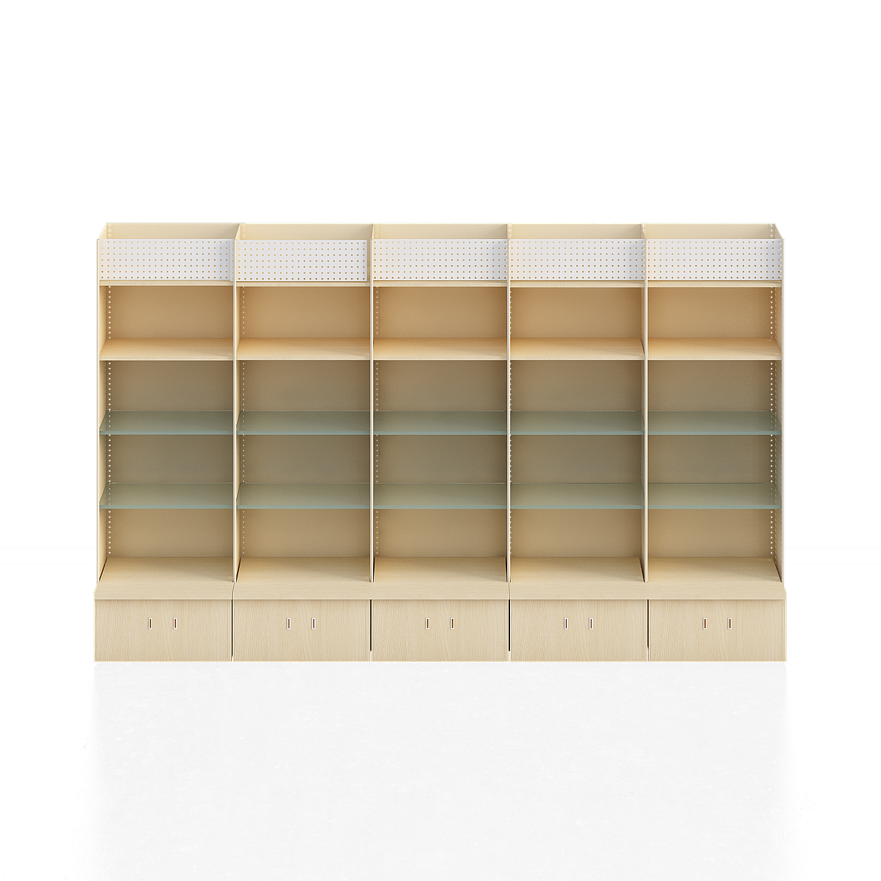 Modern Minimalist Shelving Unit 3D Model – Beige Wood & Pegboard