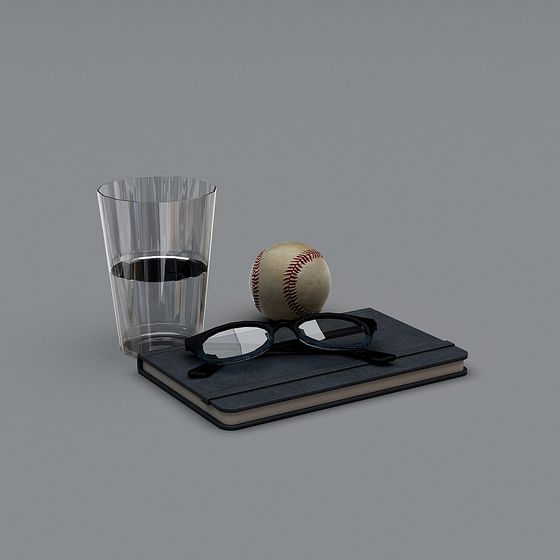 Stylish Realistic 3D Model: Notebook, Glass, and Baseball