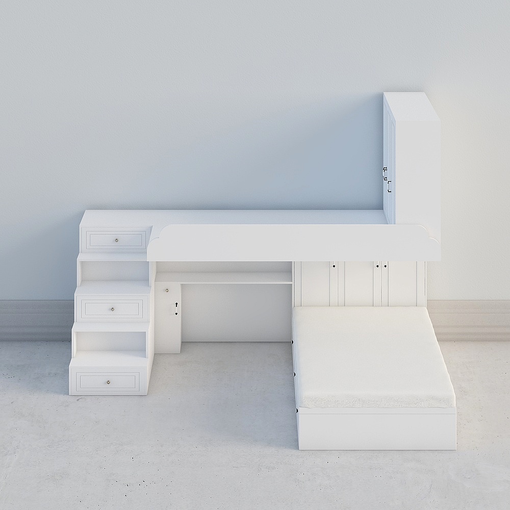 白色雙層床與衣櫃（步梯）