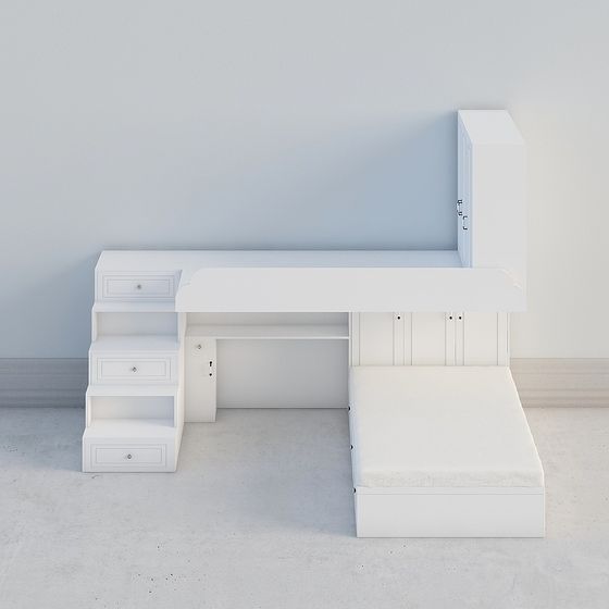 白色雙層床與衣櫃（步梯）