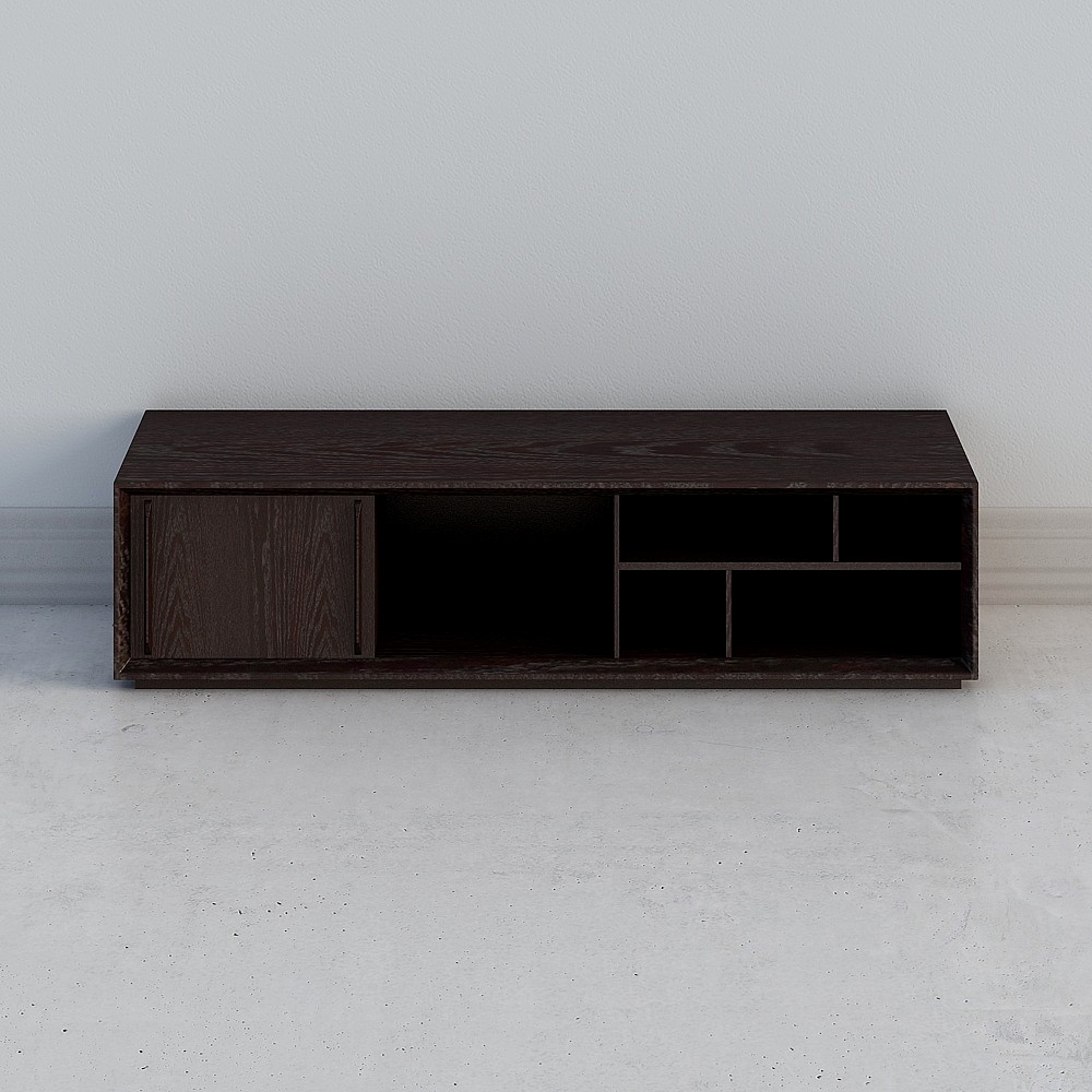 Modern dark brown wooden media cabinet with sliding door and open shelves on white background