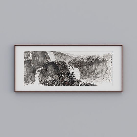 Traditional Chinese landscape painting with mountains and waterfalls in brown frame on grey background