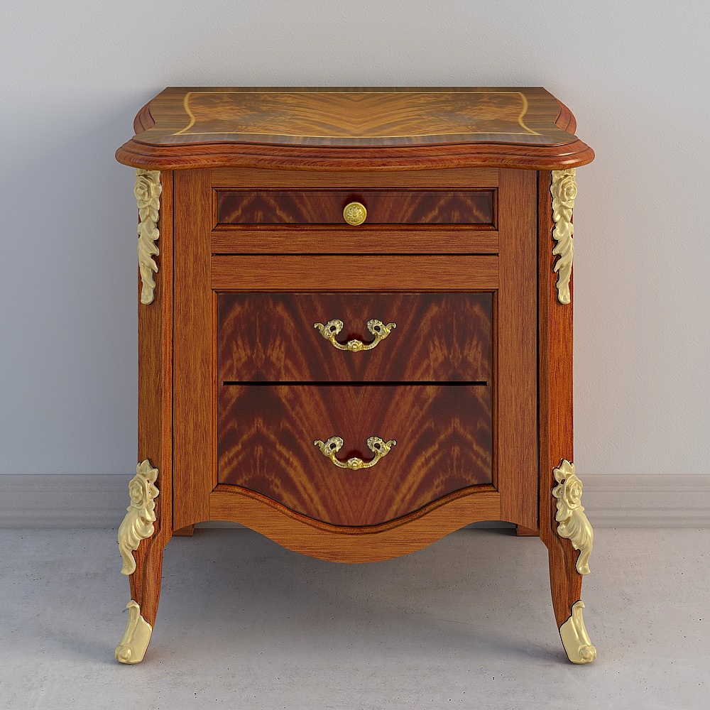 Classic wooden nightstand with gold accents and three drawers on grey background