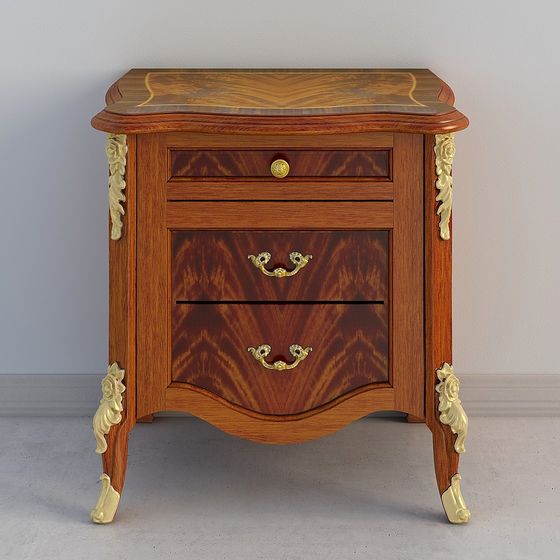 Classic wooden nightstand with gold accents and three drawers on grey background