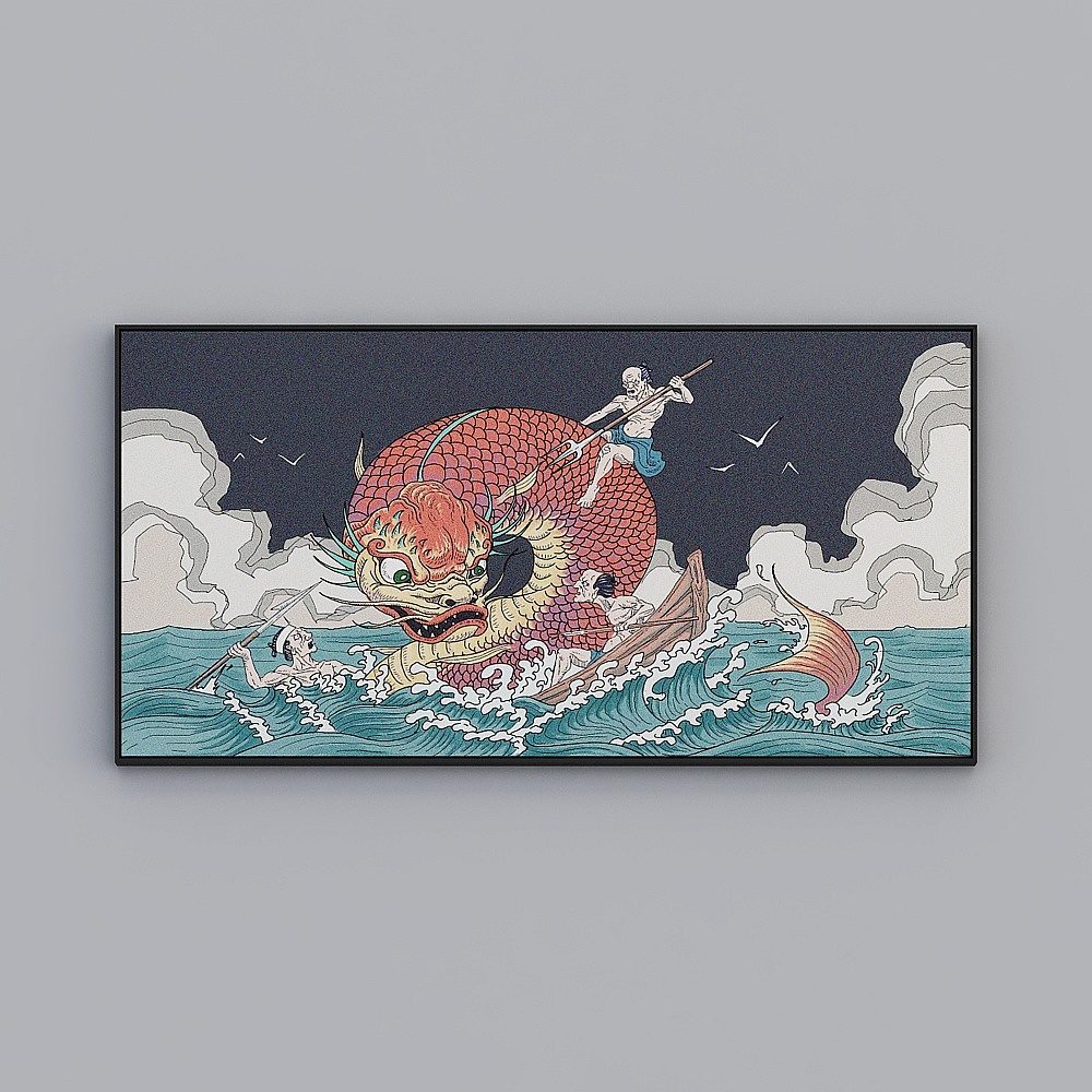 일본식 플로트 그림 일본 문신 가게는 집 그림과 바람 고래 벽화를 걸었습니다.