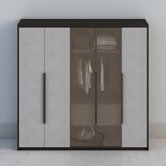Modern wardrobe with grey textured doors and black frame on white background