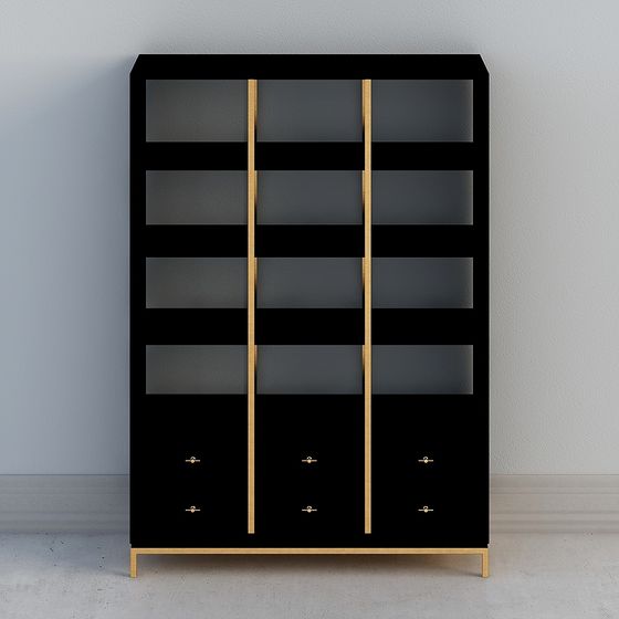 Stylish Black Bookshelf 3D model with Gold Accents