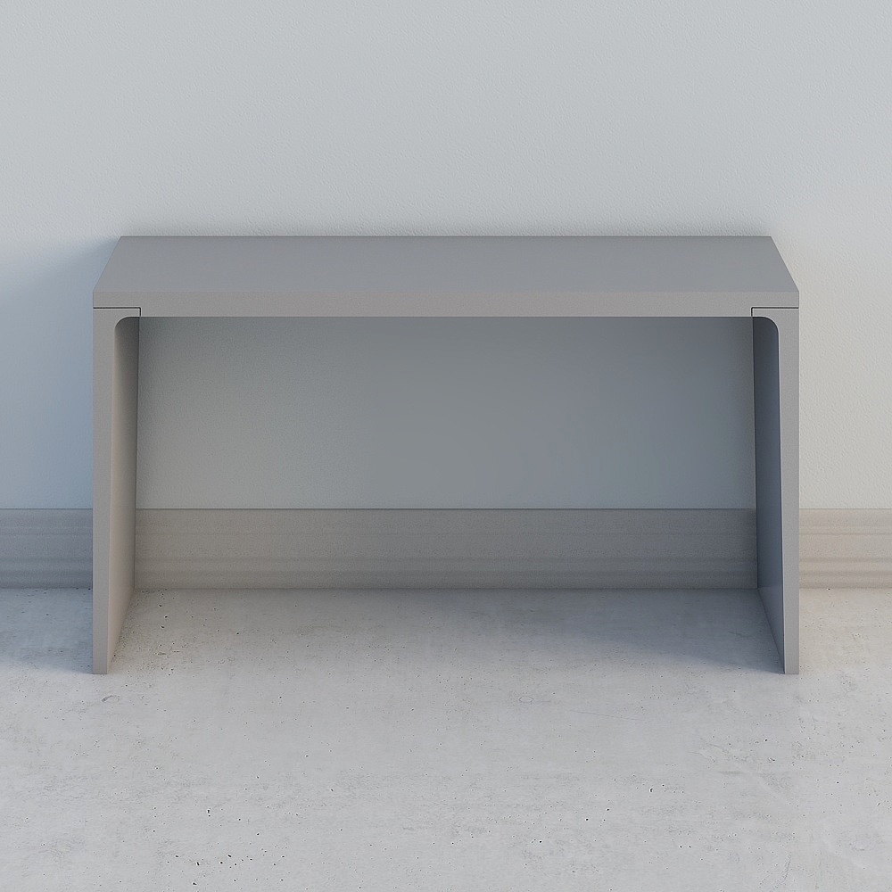 Modern grey console table with smooth surface and minimalist design on white background