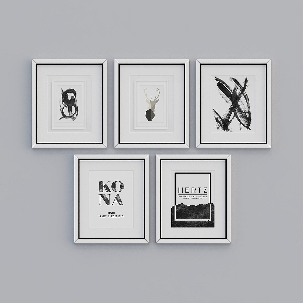 Five white frames with black art on grey wall