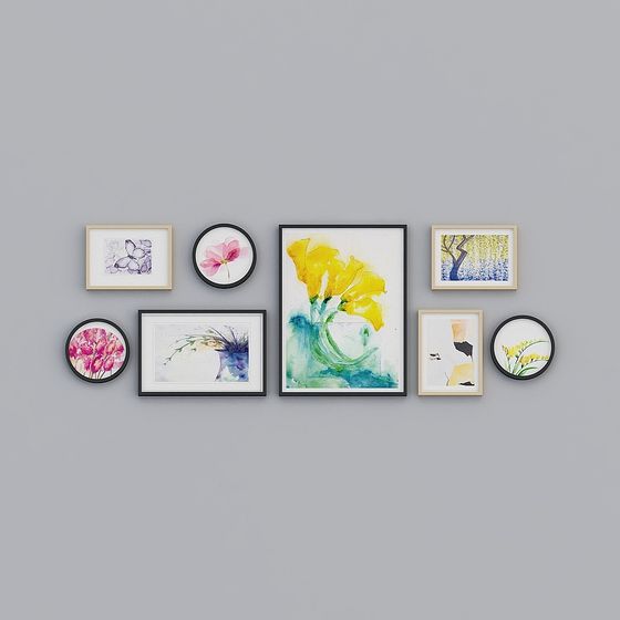 Modern wall art set with floral prints in black and wood frames on grey background