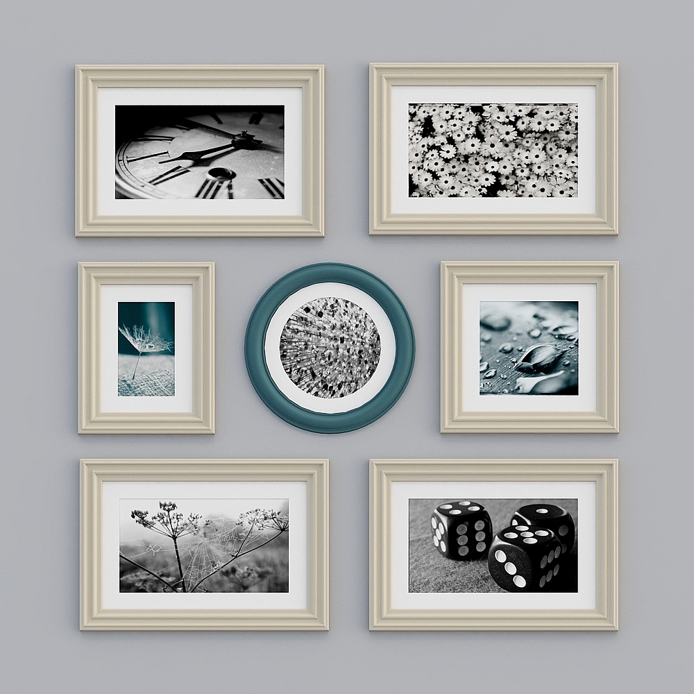 Gallery wall with six beige frames and one blue round frame on grey background