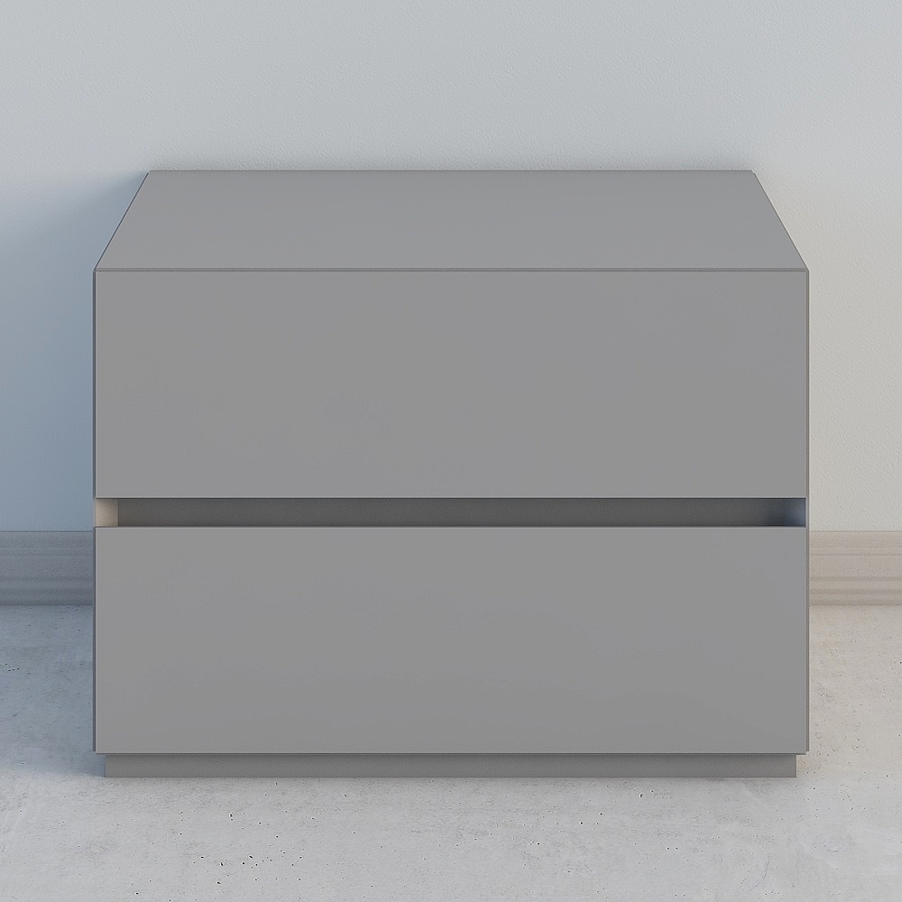 Modern grey two drawer cabinet with recessed handle and minimalist design on light grey background